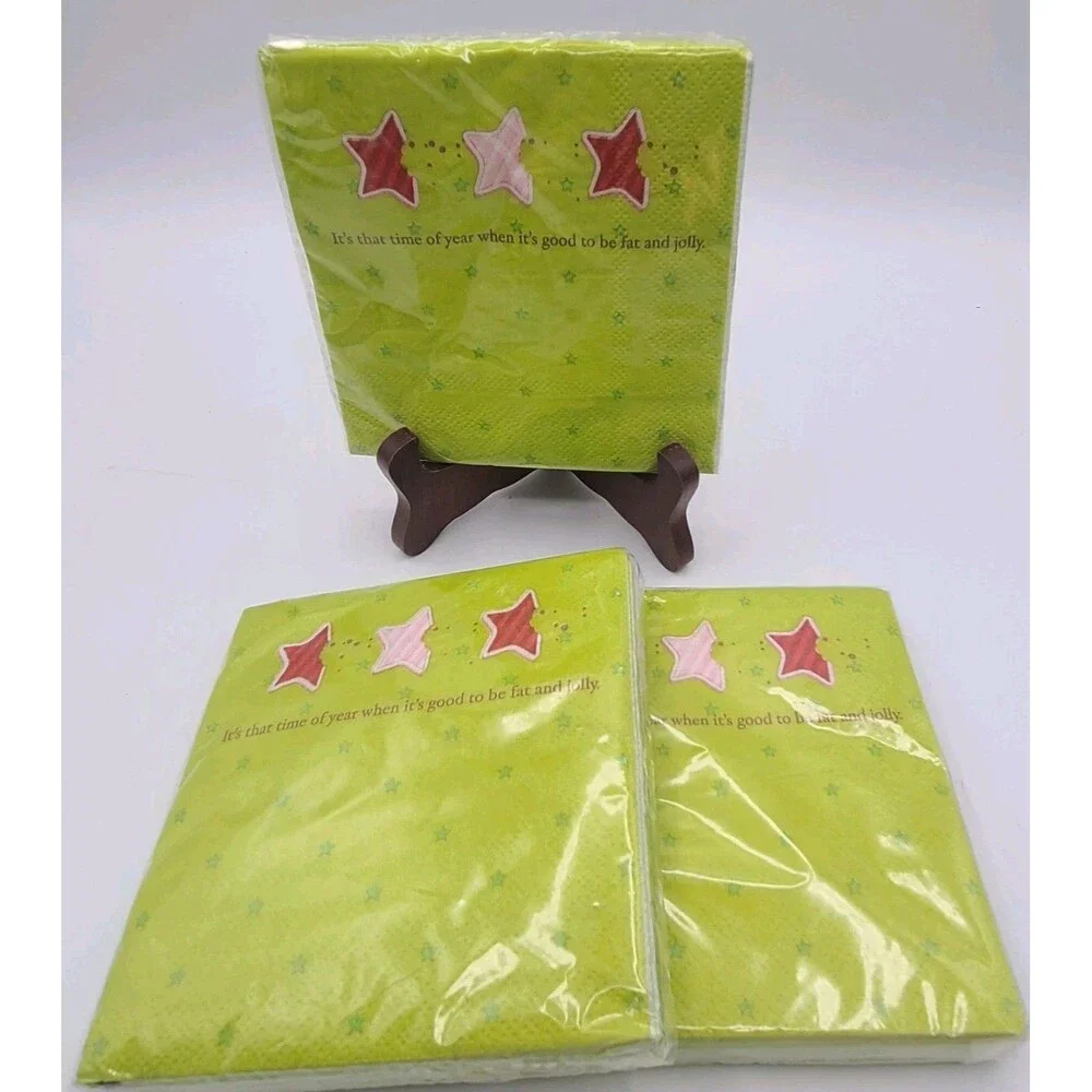 3x Vtg 90s Christmas Paper Green Napkins Luncheon Beverage Stars Jolly